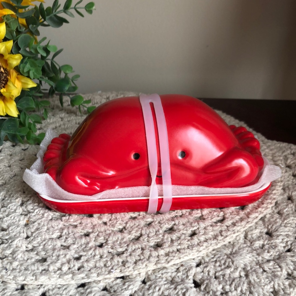 Red Ceramic CRAB Butter Dish